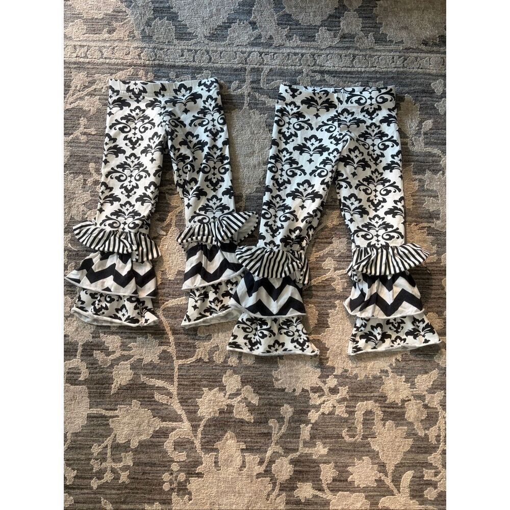 Kelly’s Kids Matching Black White Patterned Ruffle Girls Pants Size 4 and Size 5